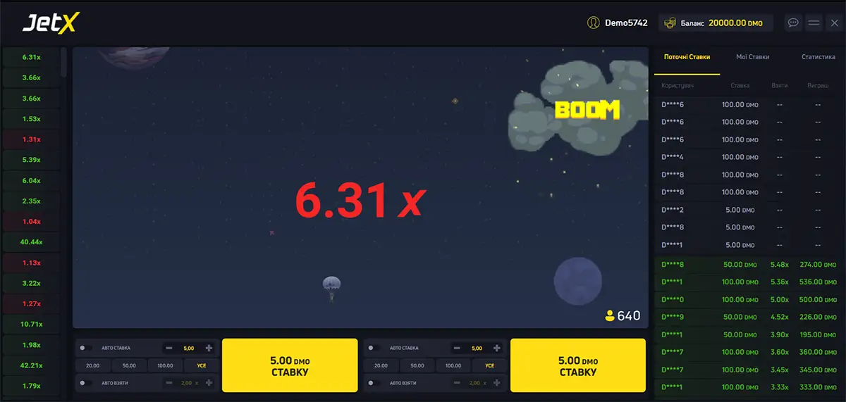 Екран завершення раунду в JetX: літак вибухнув на коефіцієнті 6.31x з написом BOOM, гравці що встигли вивести кошти відображені у таблиці праворуч