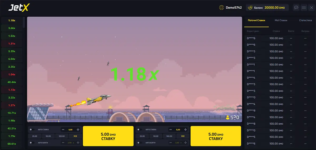 Інтерфейс краш-гри JetX у демо-режимі: реактивний літак злітає на множнику 1.18x, ліворуч — історія коефіцієнтів, праворуч — поточні ставки гравців